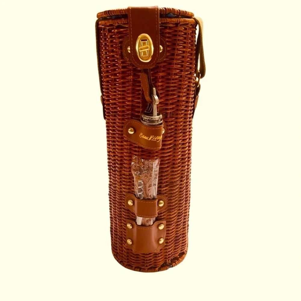 VTG Beau Rivage Wicker Wine BottleHolder Carrier Picnic Case w/Strap & Corkscrew